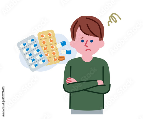 薬について疑問を持っている男性のイラスト
