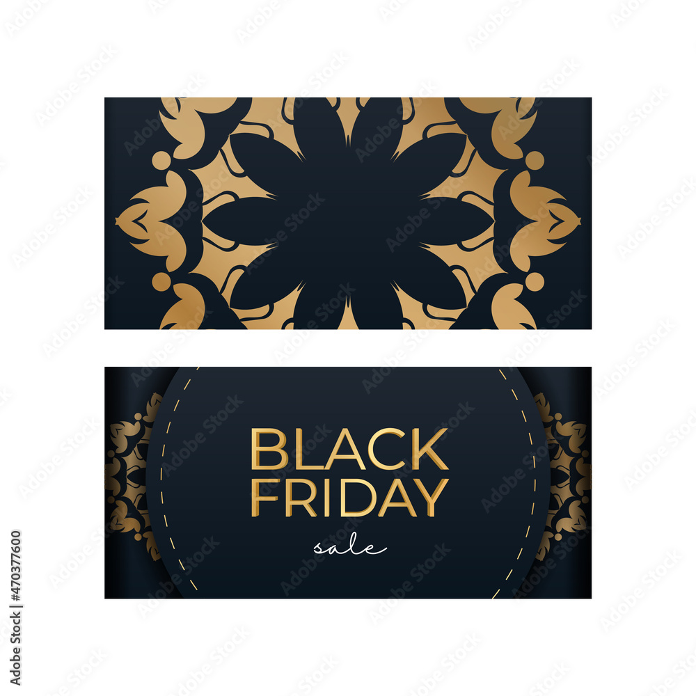 Black friday sale advertisement in blue with vintage gold pattern