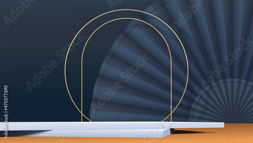 Abstract geometric background. Paper fan and composition of golden wire. Studio for cosmetic product display.