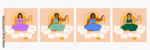 Illustration set of women leading a sound bath with singing bowls
