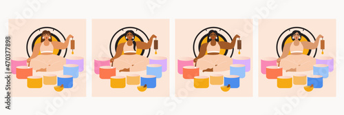 Illustration set of women leading a sound bath with singing bowls