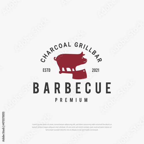 Vintage roast pork knife illustration, Silhouette, Roast pork, pork chops with vintage butcher knife logo design