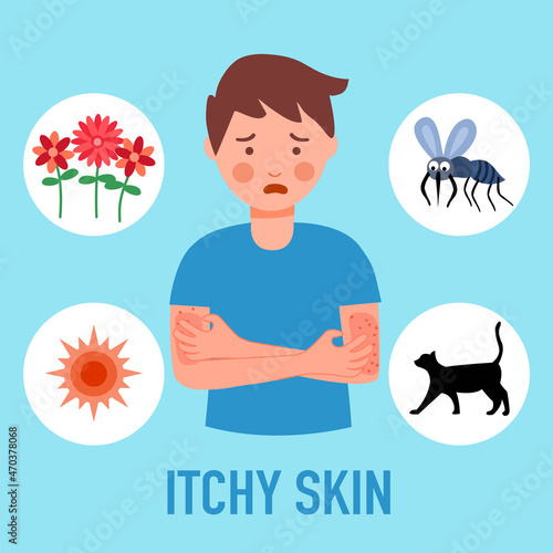 Boy child scratching arms suffering strong allergy skin itchy symptom in flat design. Itchy skin causes concept. Red rash skin irritation.