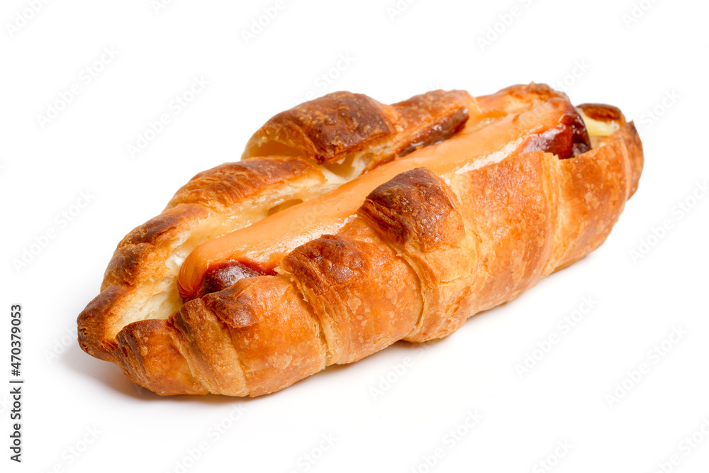 Top view Delicious of Sausage Croissant on white background