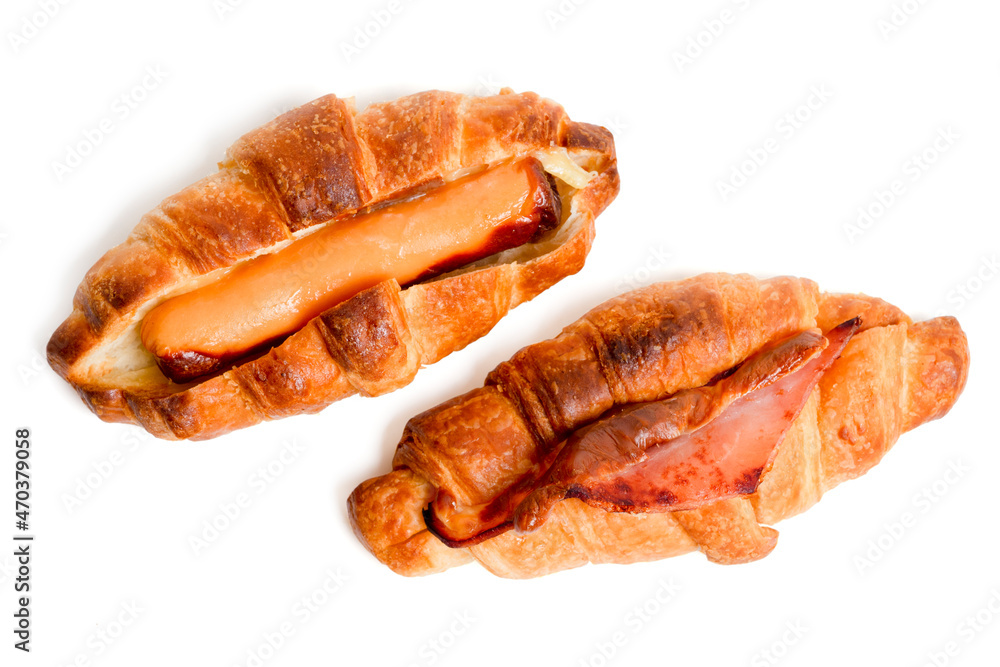 Top view Delicious of Sausage Croissant and bacon on white background. Top view Delicious of Sausage Croissant and bacon on white background.