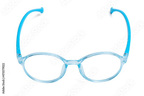 Blue frame eyeglasses on white background. with clipping path.