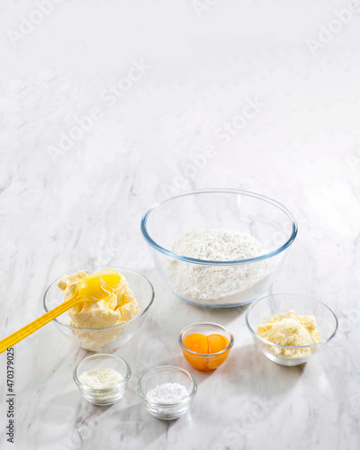 Baking Ingredients and Tools on Trendy bright Marble Background