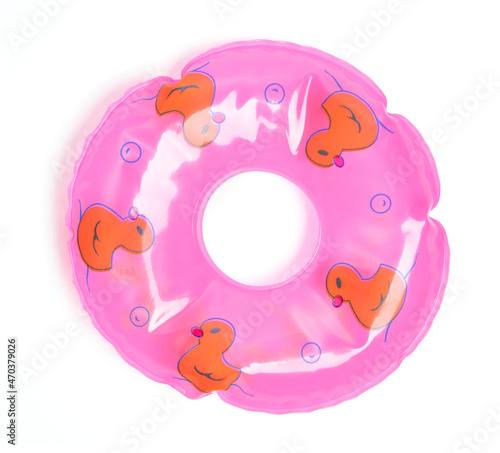 Fototapeta Naklejka Na Ścianę i Meble -  Top view pink rubber ring for summer beach isolated on white background