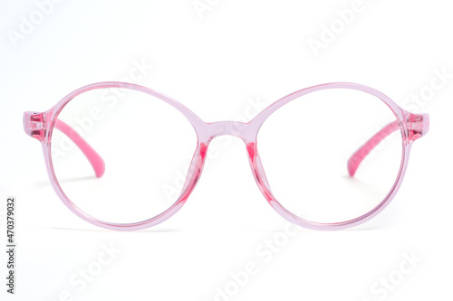 Pink frame eyeglasses on white background. with clipping path.