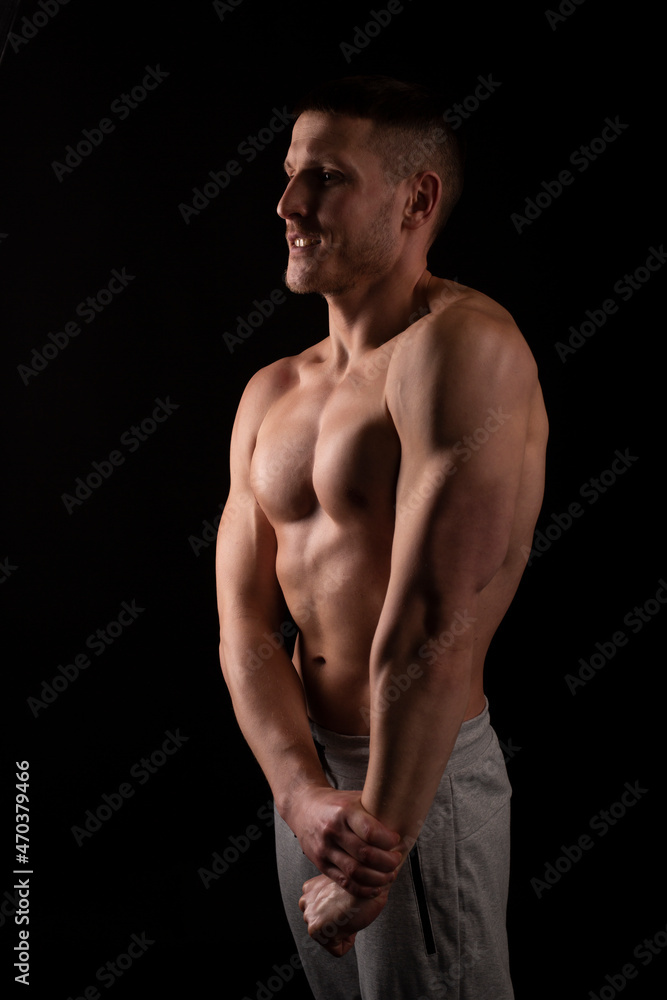 Sport Man Tense Muscles Relief. Sportsman Topless Showing Muscles. Shirtless Man