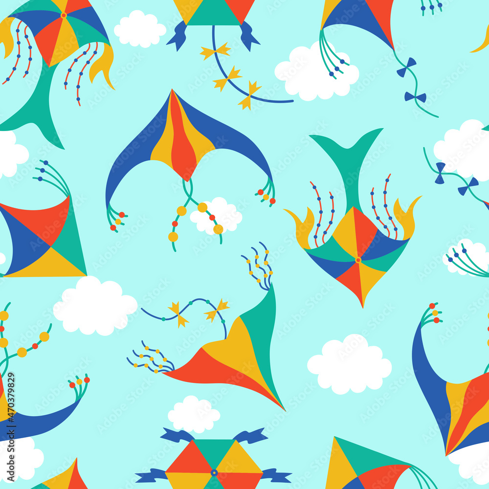 Fototapeta premium Seamless vector pattern with kites. Hand-drawn illustration. Paper toys decorated with ribbons, bows. Festive elements in the sky with clouds. Flat cartoon style. Concept for printing on fabric