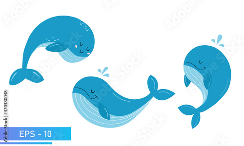 Set of cute blue whale in delicate blue colors and splashes water. Proud and sweet. Vector illustration.