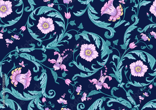 Seamless pattern, background. Colored vector illustration. In baroque, rococo, victorian, renaissance style. In decorative style. Ethnic patterned ornate hand drawn.