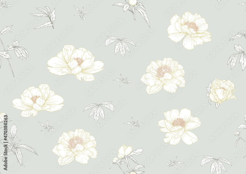 Peonies flowers. Seamless pattern, background. Colored vector illustration. In botanical style In soft orange and green colors.
