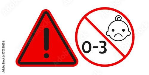 Choking hazard warning sign. Not for children under 3 years sticker. Vector design elements for objets with small parts.