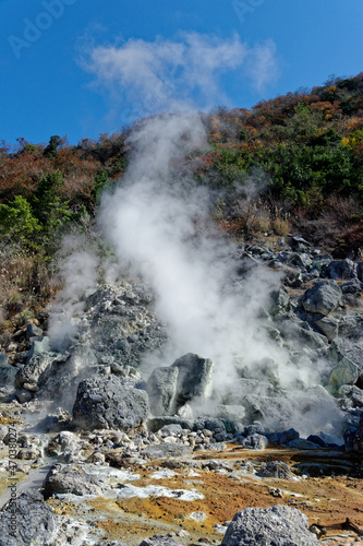 volcanic hot spring field in the Unzen Mountains in Shimabara Peninsula in Nagasaki Prefecture, Japan