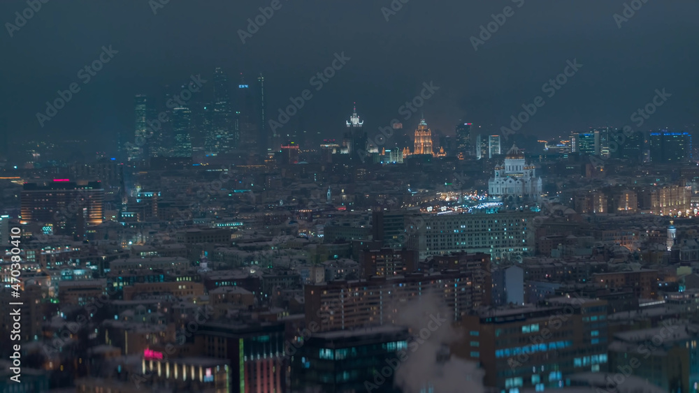 Night Moscow in winter, view from a drone