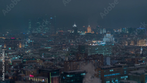 Night Moscow in winter, view from a drone