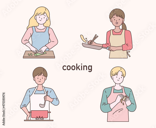 Various cooking methods. People who wear aprons and cook. outline simple vector illustration.