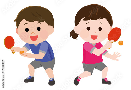 卓球をする男の子と女の子　イラスト