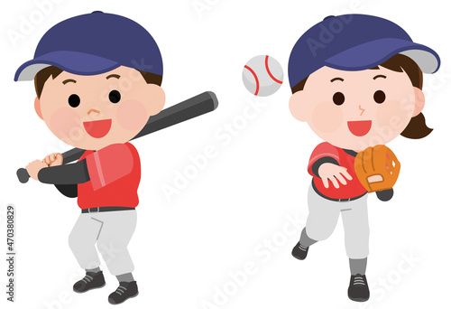 野球をする男の子と女の子　イラスト