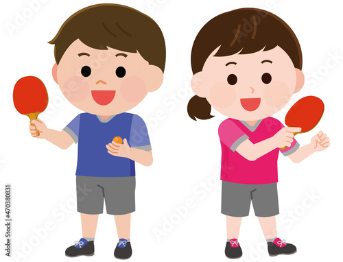 卓球をする男の子と女の子　立つポーズ　イラスト