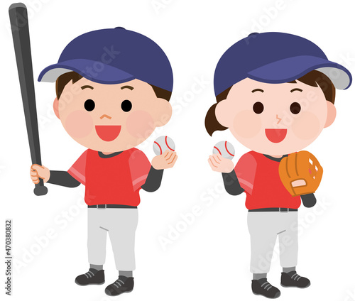 野球をする男の子と女の子　立つポーズ　イラスト