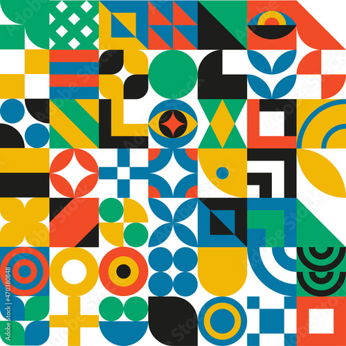 Bauhaus geometric design with eyes elements. Primitive modern shapes and forms. Vector interior posters, covers, banners.