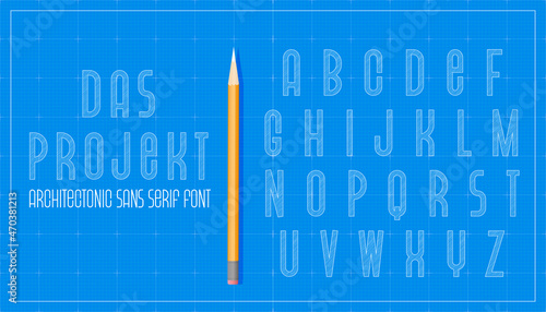 Blueprint architecture font. Capital sans serif letters alphabet. Sketch vector plan design background.
