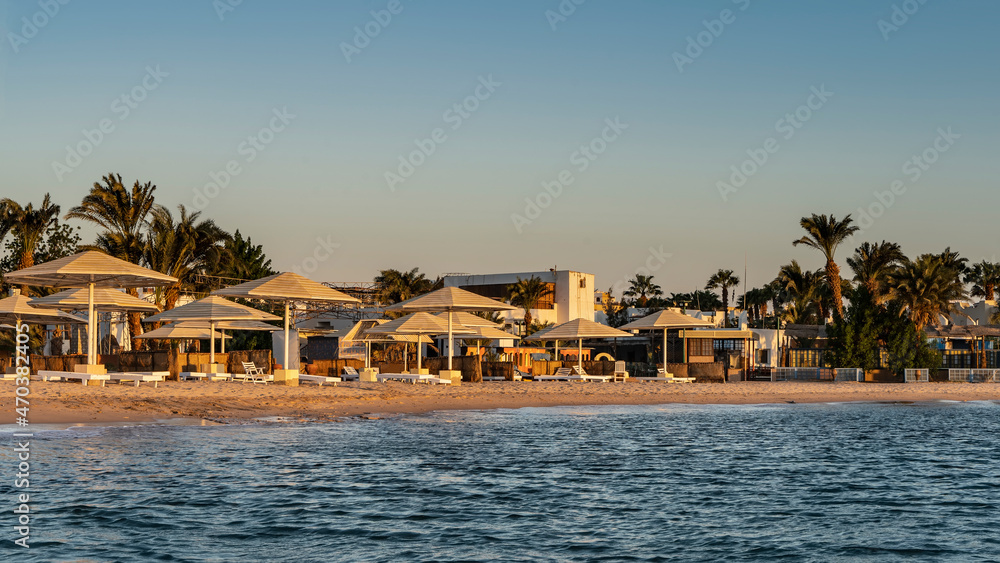 Obraz premium Morning on the Red Sea beach. There are empty sunbeds and chairs on the sand under the sun umbrellas. Ripples on the blue water. Palm trees against the azure sky. Egypt