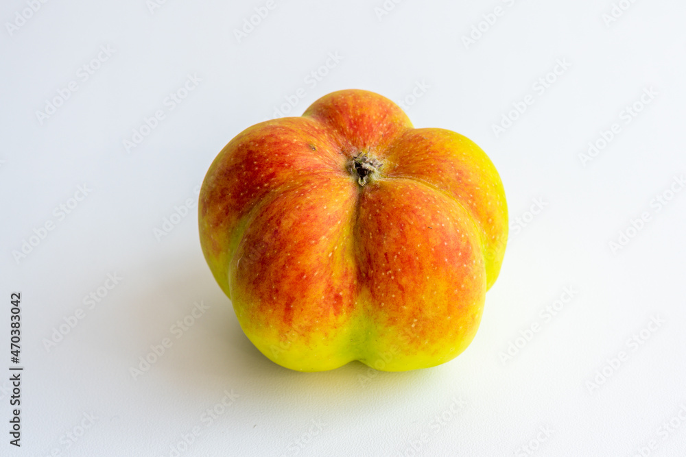 An interesting, unusual, strange apple. An ugly apple surrounded by ordinary ones. The photo symbolizes individuality , leadership , personal characteristics , self-acceptance .