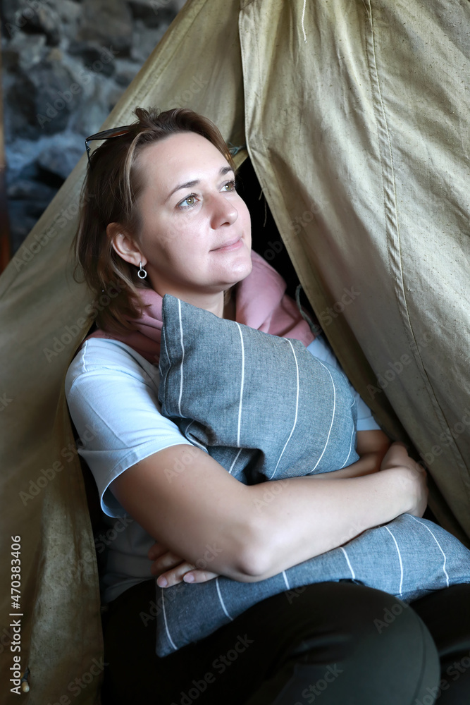Woman posing in retro tent Woman posing in retro tent