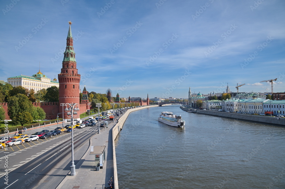 Moscow, Russia - September 29, 2021: View of the Kremlin and Sofiyskaya embankments in Moscow on an autumn sunny day