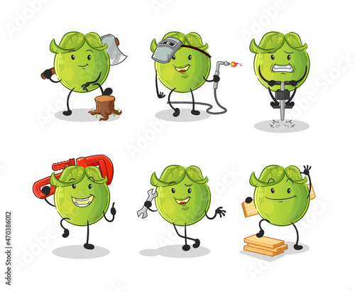 pea worker set character. cartoon mascot vector.