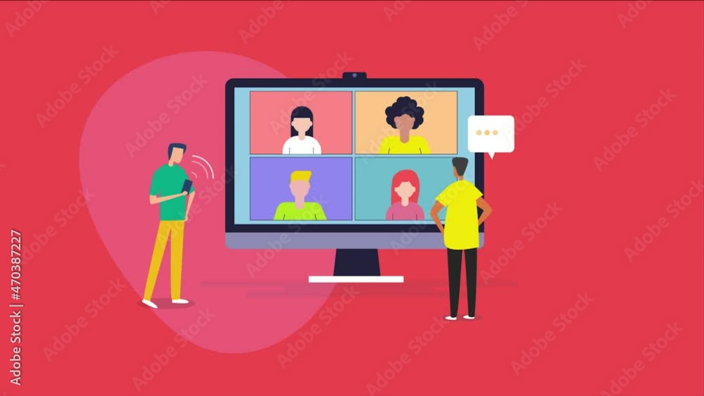 Virtual meeting, people having conversation in a video conference, digital communication technology, remote working, video call concept. 2d animation 4k video clip. Virtual meeting, people having conversation in a video conference, digital communication technology, remote working, video call concept. 2d animation 4k video clip.