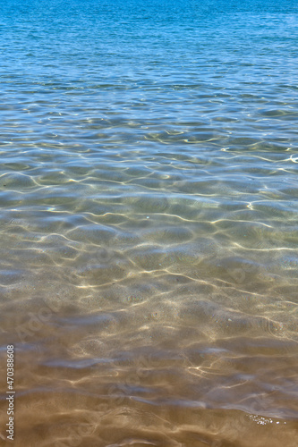 Abstract sea nature background. Water waves in sunlight with copy space. Tropical beach. Watering place. Aqua sea water surface.