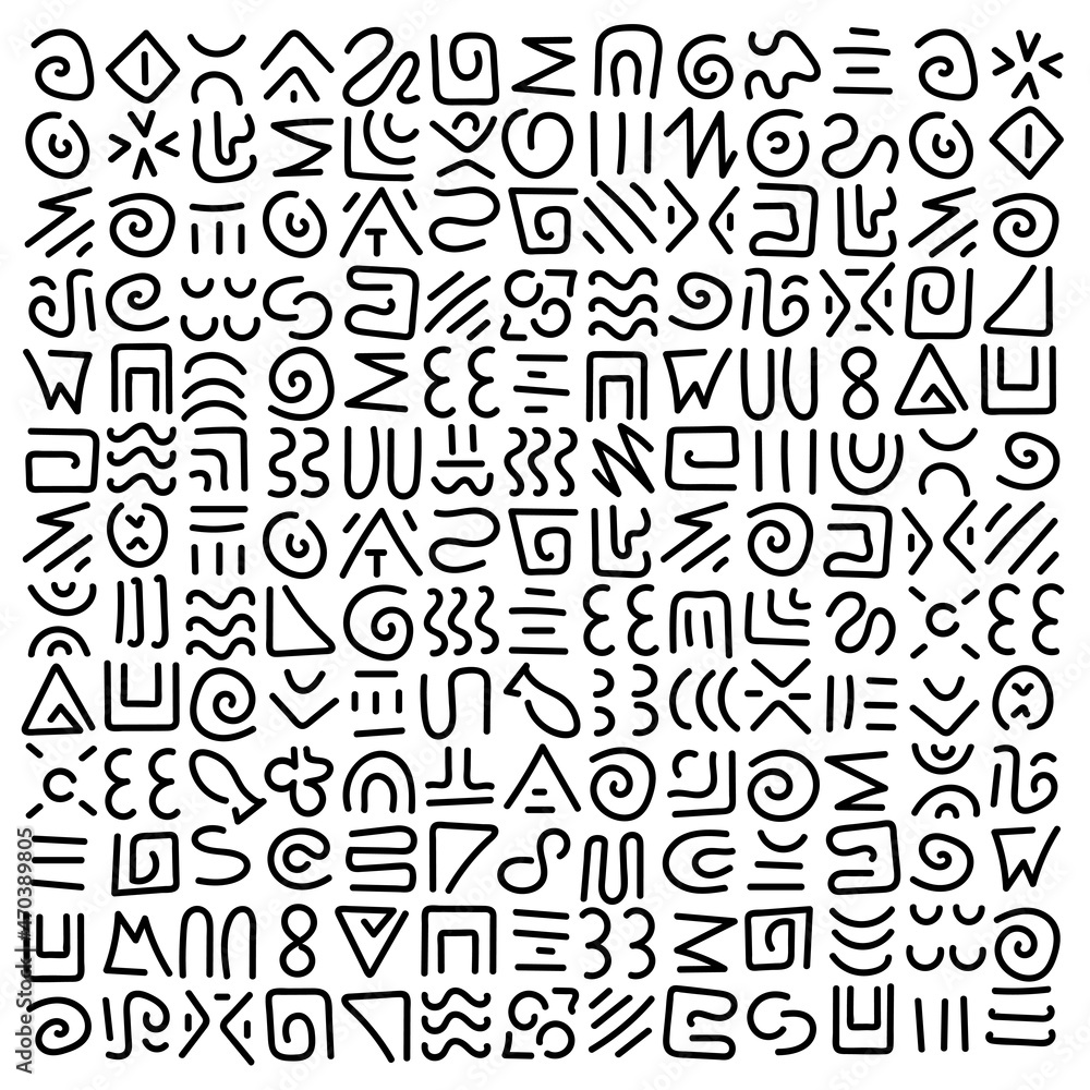 Hand drawn Doodle pattern. Abstract signs and elements, ancient writing. Monochrome vector background Hand drawn Doodle pattern. Abstract signs and elements, ancient writing. Monochrome vector background