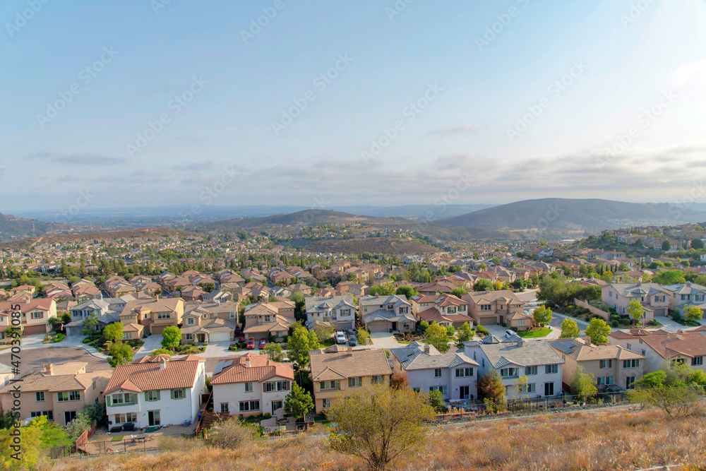 Fenced community residences near the Double Peak Park at San Marcos, California