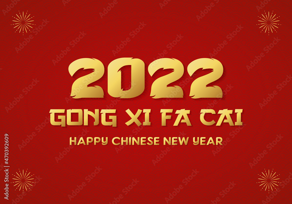 Happy Chinese New Year 2022 lettering with gold color on red background. Elegant, Luxury and Beautiful Gong Xi Fa Cai greeting design for wallpaper, banner, poster and card. Text 2022 with tiger style