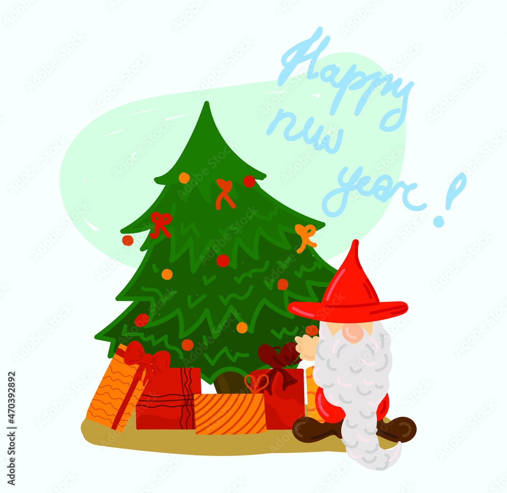 New Year's illustration. Christmas tree and Santa Claus with gifts. Cozy home illustration with happy new year lettering New Year's illustration. Christmas tree and Santa Claus with gifts. Cozy home illustration with happy new year lettering