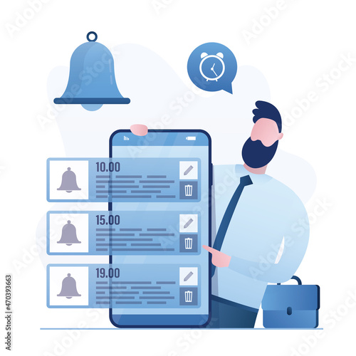 Businessman sets up notifications and an alarm clock on smartphone. Alarm bell, time management application on mobile phone screen. Office worker close up. Schedule of meetings and work.
