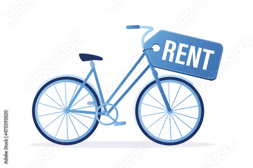 Bicycle for rent. Bike with big label. Rental service, transport business. Promotion campaign, marketing.