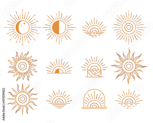 Sunny set golden rays. Geometric linear design sun, symbols for decorations, logos.