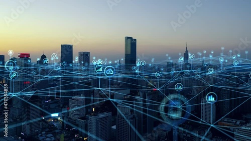 smart Connected city skyline. Futuristic network concept, city Technology.