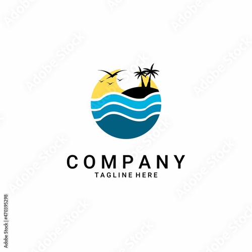 beach and coconut tree vector, travel, summer, tourist, resort or hotel logo