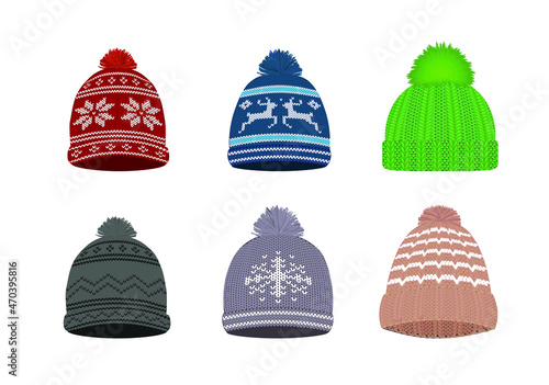 Colorful knitted winter hat set. vector illustration