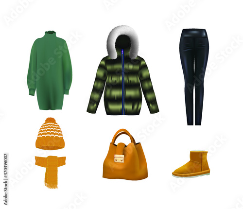 Women set. sweater, cardigan, pants, scarf, bag and boots. vector illustration