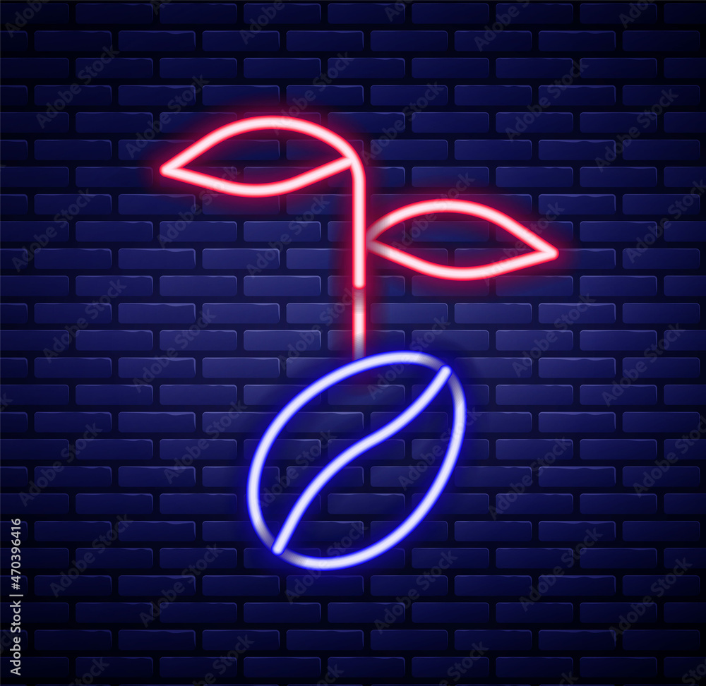 Glowing neon line Coffee beans icon isolated on brick wall background. Colorful outline concept. Vector Glowing neon line Coffee beans icon isolated on brick wall background. Colorful outline concept. Vector