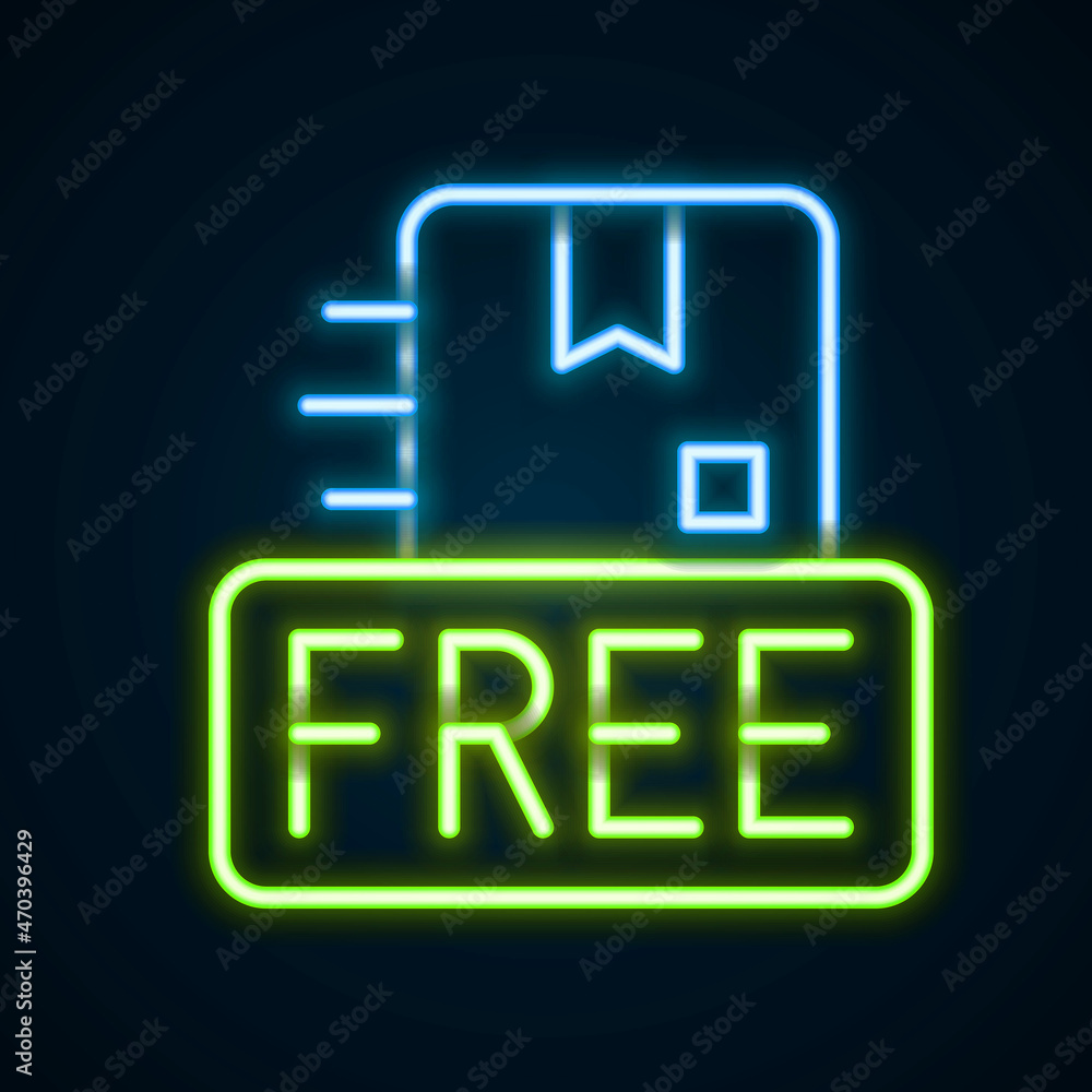 Glowing neon line Cardboard box with free symbol icon isolated on black background. Box, package, parcel sign. Delivery, transportation and shipping. Colorful outline concept. Vector Glowing neon line Cardboard box with free symbol icon isolated on black background. Box, package, parcel sign. Delivery, transportation and shipping. Colorful outline concept. Vector