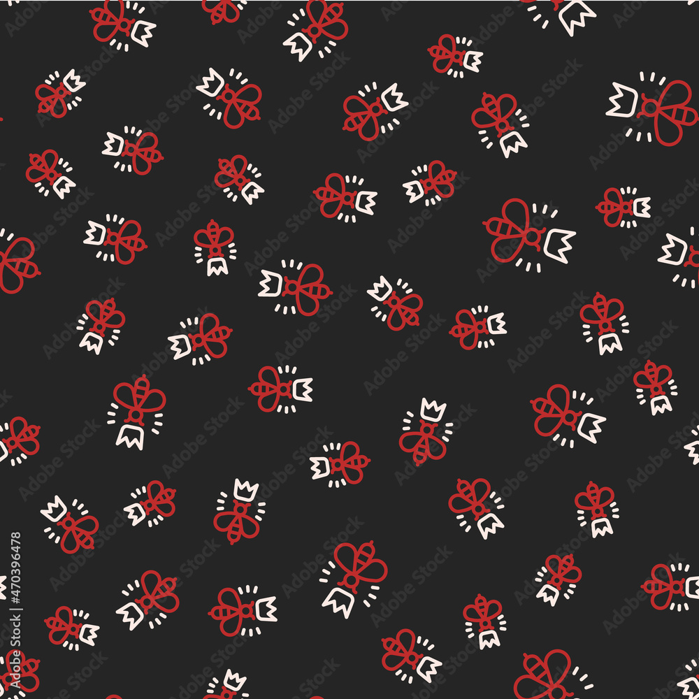 Line Queen bee icon isolated seamless pattern on black background. Sweet natural food. Honeybee or apis with wings symbol. Flying insect. Vector Line Queen bee icon isolated seamless pattern on black background. Sweet natural food. Honeybee or apis with wings symbol. Flying insect. Vector
